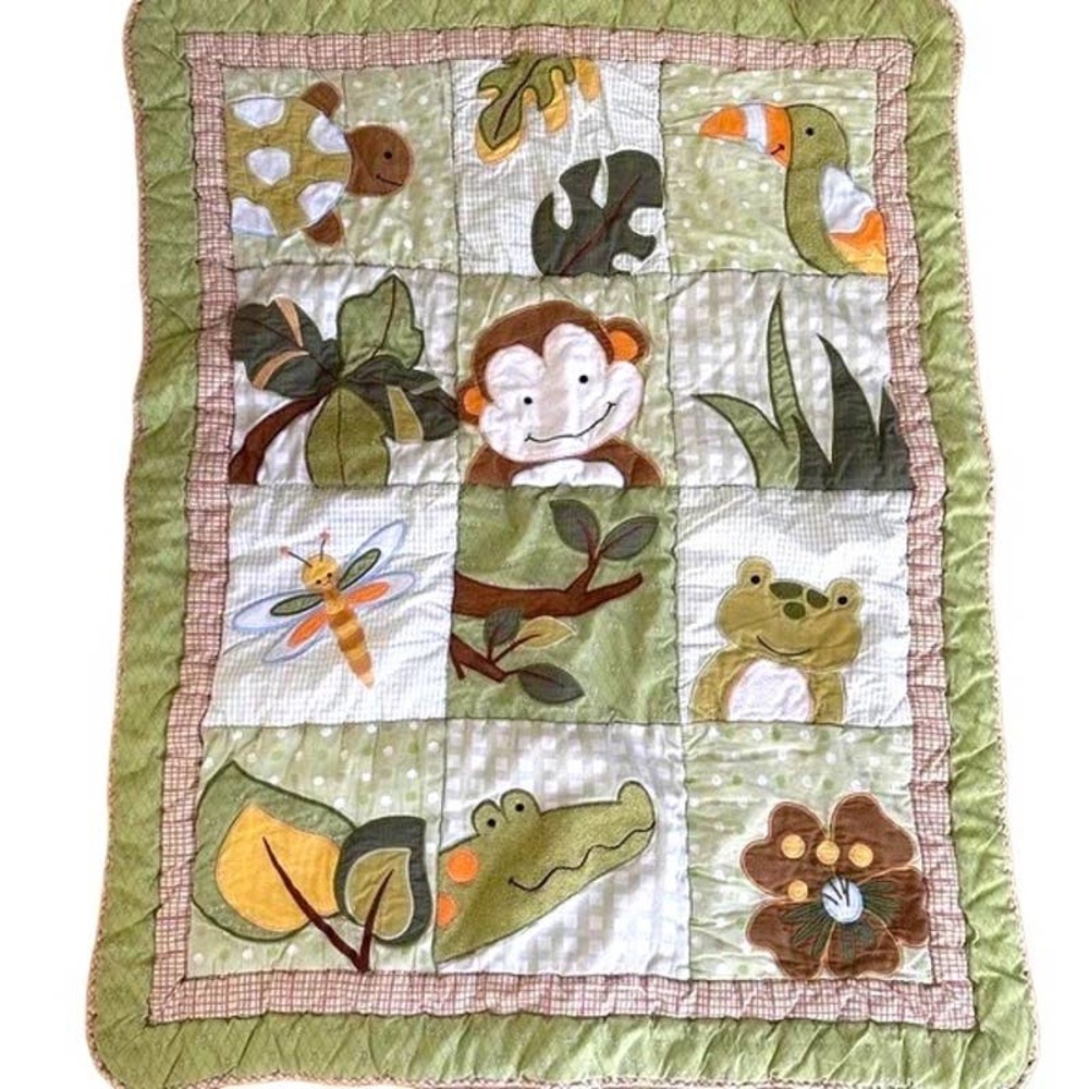 Baby Crib Blanket Quilt Handmade 40 x 32 Green Animal Jungle Print